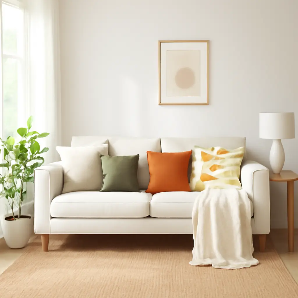 Светлая гостиная с обновлёнными подушками и пледом