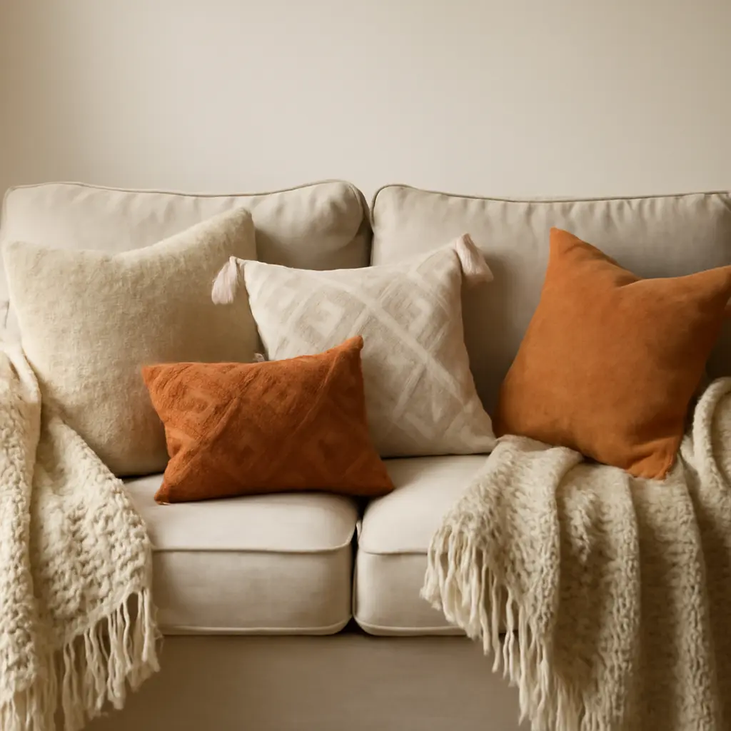 Подушки и пледы на диване, придающие свежести интерьеру
