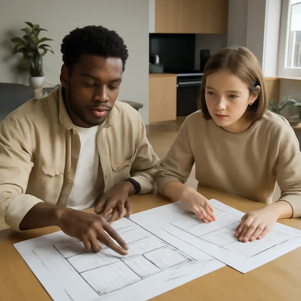 Дизайнер обсуждает план интерьера с владельцем квартиры