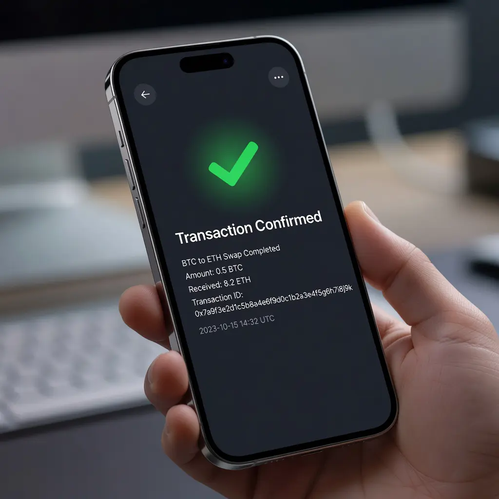 Смартфон с открытым приложением криптообменника, экран подтверждения транзакции с зелёным индикатором успешного перевода средств