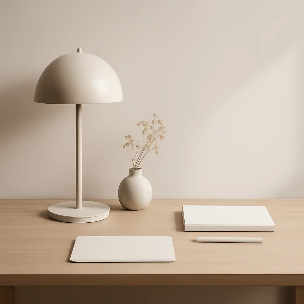 Минималистичный рабочий стол с лампой и аксессуарами