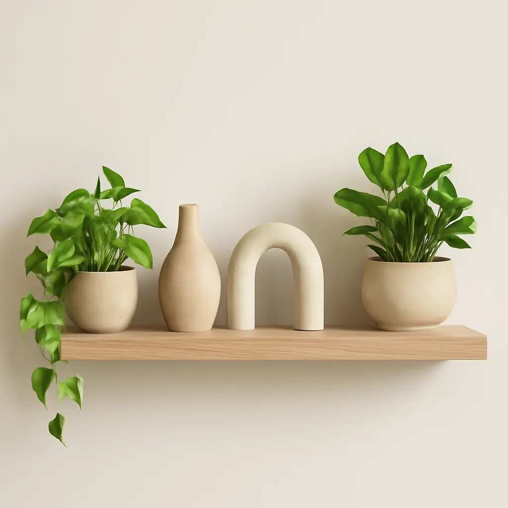 Полка с декоративными элементами и комнатными растениями