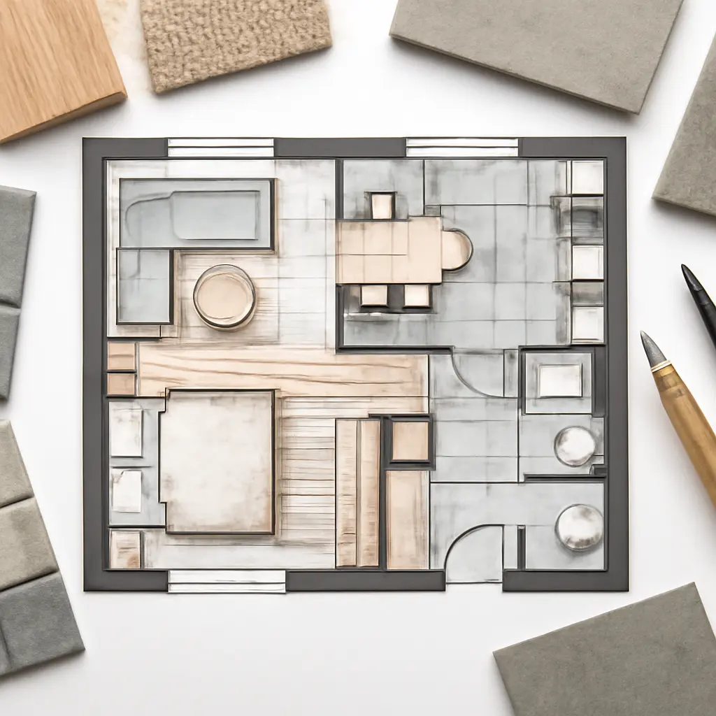 Чертеж и материалы для ремонта квартиры