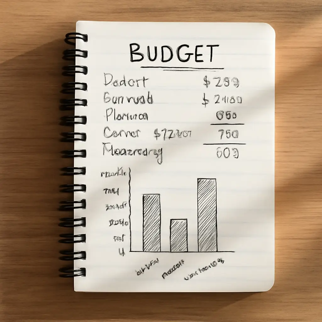 Блокнот с расчётами бюджета и графиком