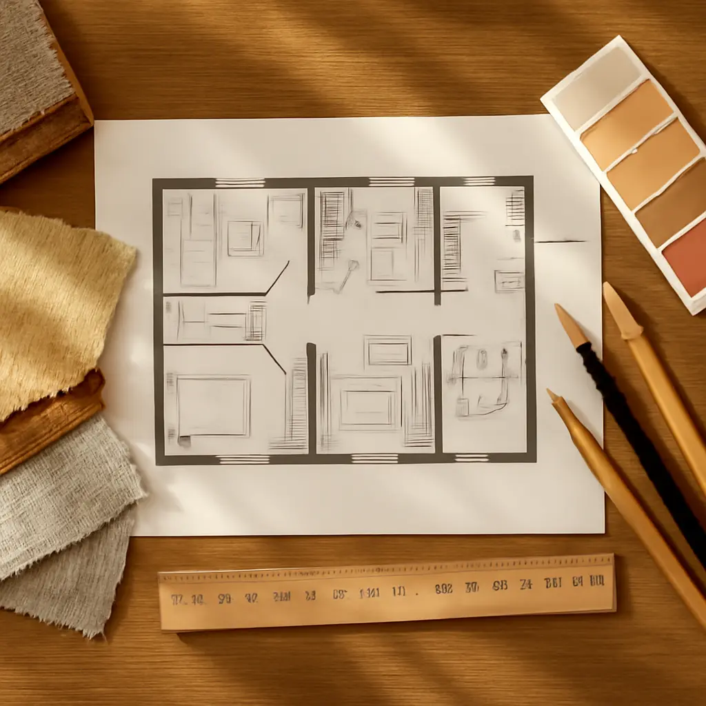 Планирование дизайна интерьера Рабочий стол с планом квартиры, образцами материалов и цветовой палитрой для дизайна интерьера