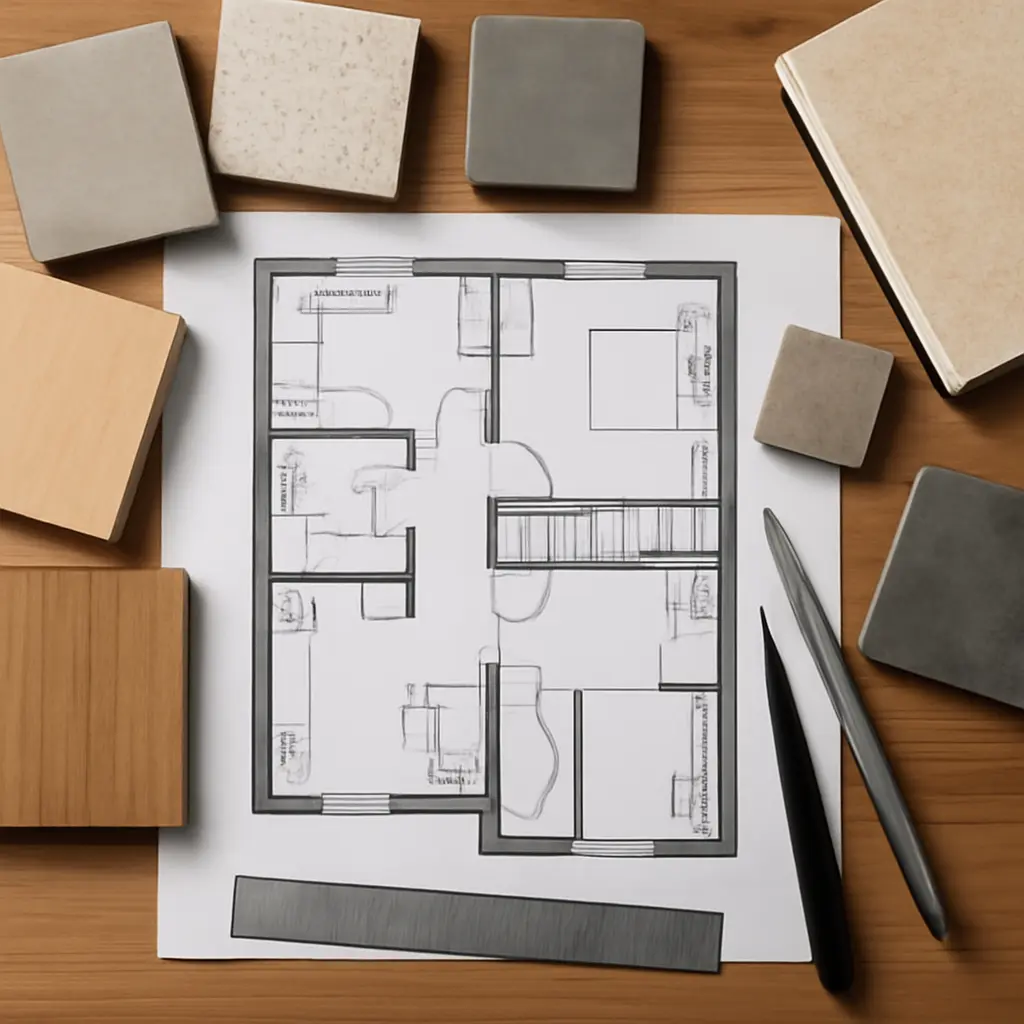 Чертёж планировки квартиры на столе с рулеткой и образцами материалов