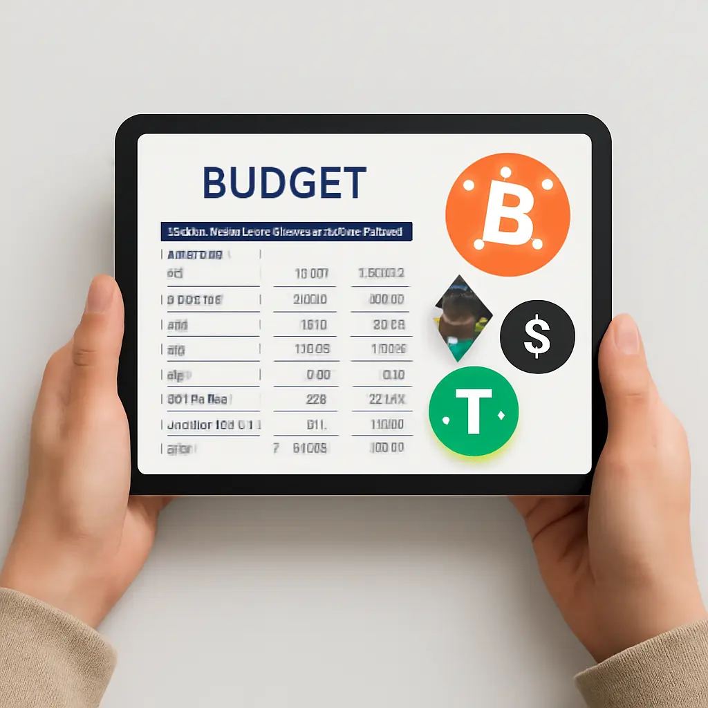 Руки держат планшет с бюджетом и иконки криптовалют