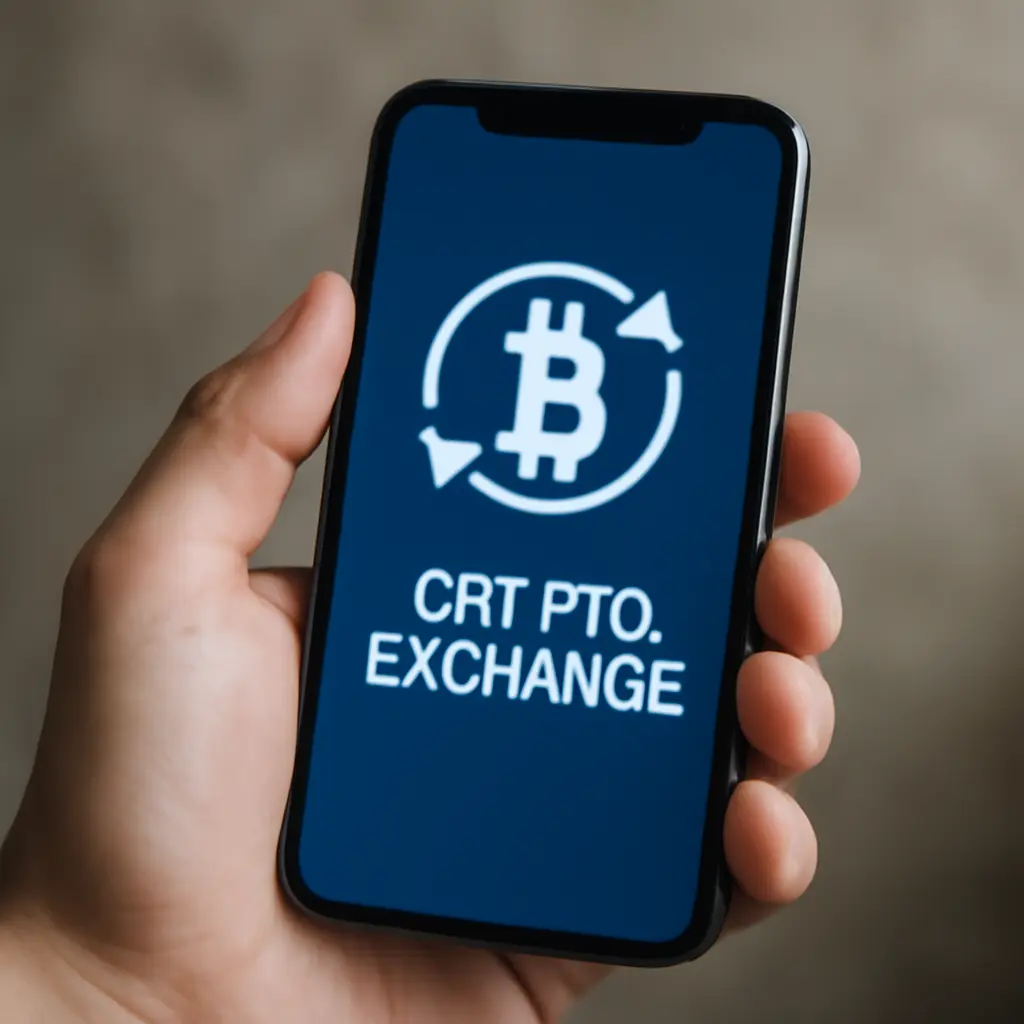 Рука держит смартфон с иконкой обмена криптовалюты