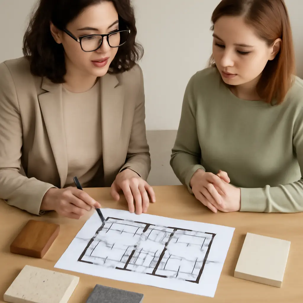 Проектирование интерьера Дизайнер обсуждает план квартиры с клиентом