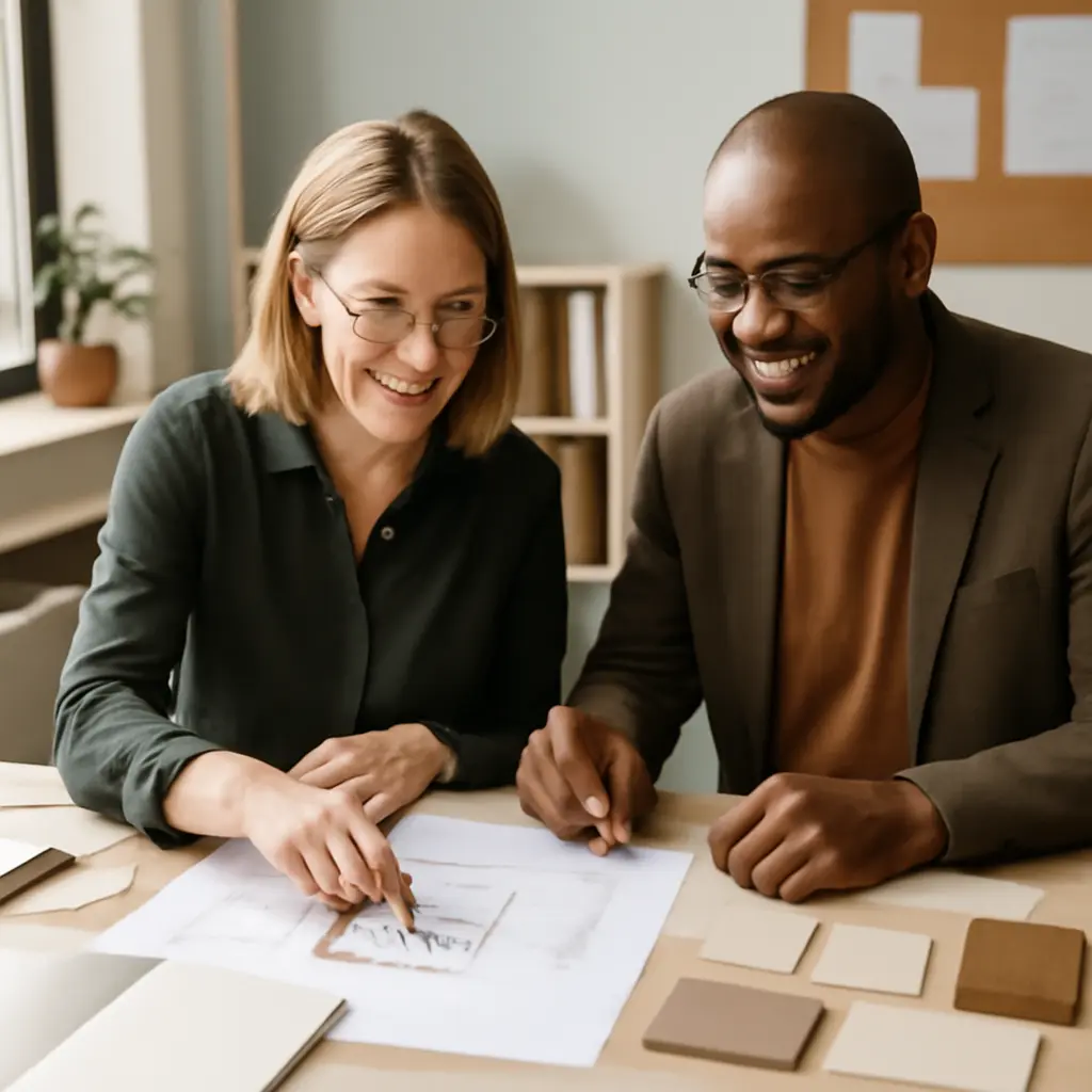 Дизайнер обсуждает проект с клиентом, чертежи и материалы