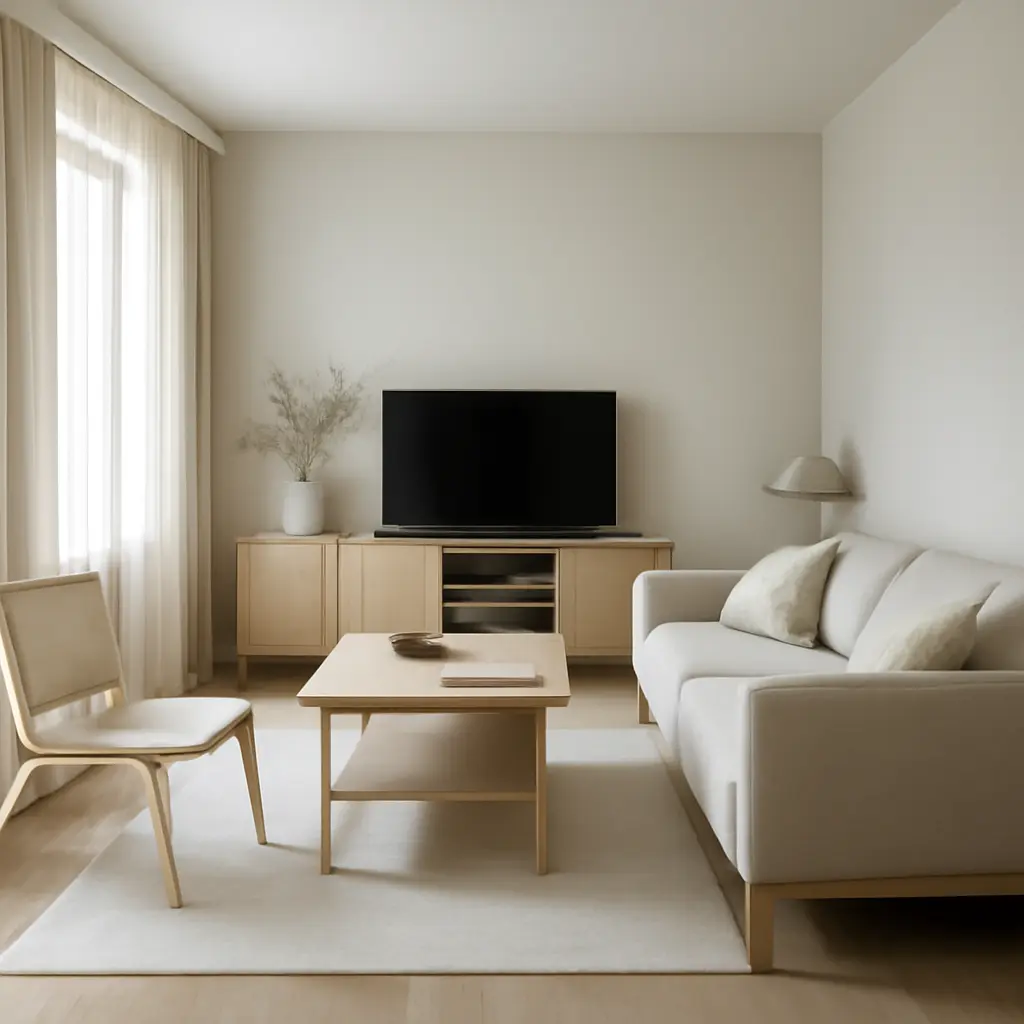 Современный жилой интерьер с нейтральными тонами и практичной мебелью