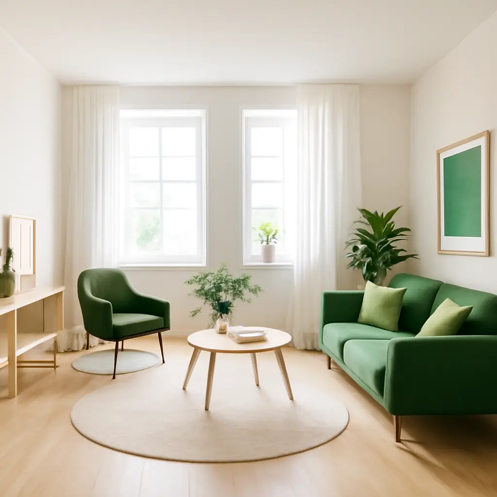Светлая современная гостиная с зелёными акцентами и минималистичной мебелью