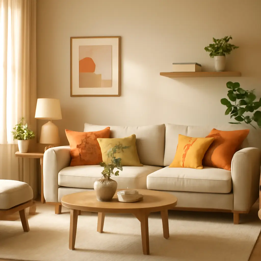 Светлый интерьер гостиной с обновлёнными текстилем и освещением